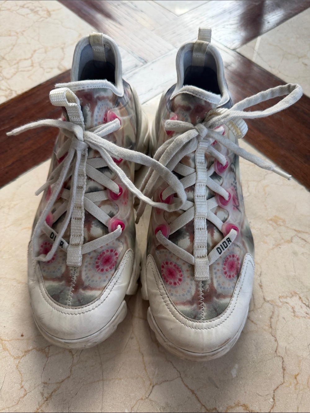 Authentic Dior Women’s White Sneakers with Pink Floral Pattern